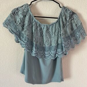 Tempted Blue Off the Shoulder Laced Blouse w/ Floral Pattern Size S